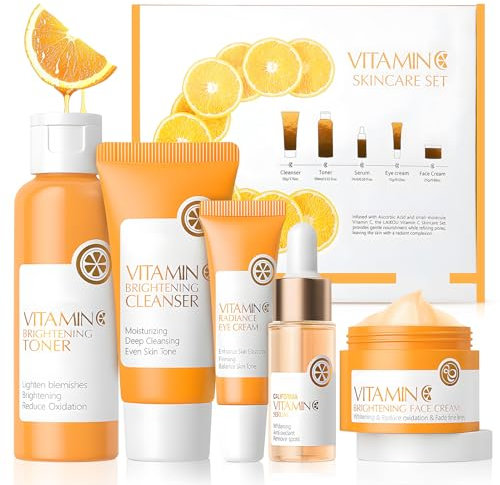 Kit per la Cura Della Pelle Alla Vitamina C, 5 Pezzi Skincare Kit con Vitamina C Crema, Detergente, Crema Occhi, Siero, Tonico, Kit Skincare Viso Completo per Una Pelle Luminosa e Radiosa