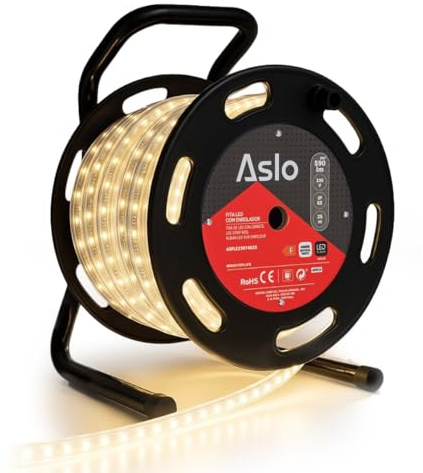 ASLO - Ruban LED 7W sur Enrouleur 25m - Guirlande Lumineuse Blanche 4000K - Pour Intérieur Extérieur Façade Maison Evènement
