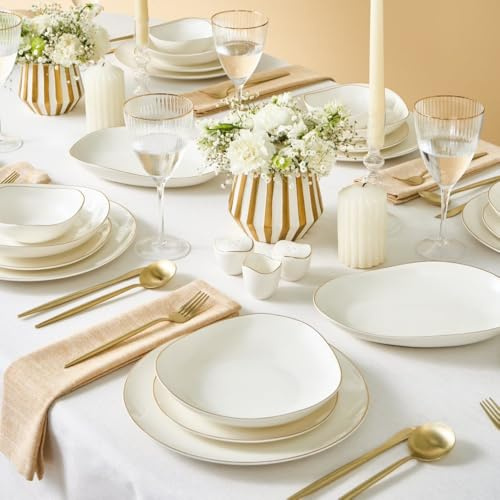 Karaca Stream Bone China 53-tlg Tafelservice für 12 Personen, Goldrand, Tellern, Schalen, Salz- & Pfefferstreuern und Zahnstocherhalter Geschirrset