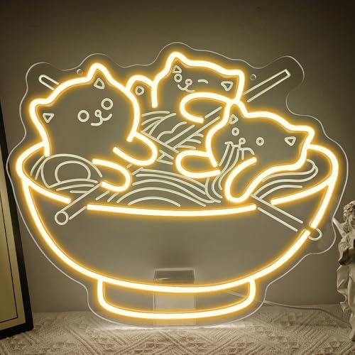 Ramen Cat Neon Led,Gatto Noodle Neon Light Decorazione Parete,Kawaii Anime Insegne Luminose per Giapponese Restaurant Home Bar Kitchen,Neon Sign Regalo per Uomini Lady Ado USB Powered（14.9*12.6）