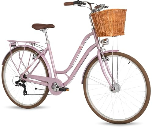 ATTABO City 28 - Damen-Stadtfahrrad, 19-Rahmen, 28-Laufräder, Shimano 7-Gang, Weidenkorb, Gepäckträger, 15kg, LED - komfortabel, stilvoll und zuverlässig.
