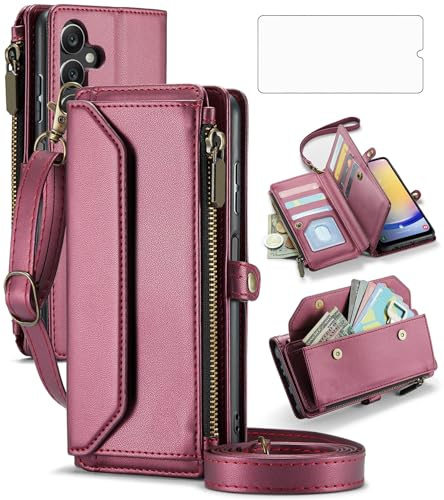 Phone Case for Samsung Galaxy A25 5G Zipper Wallet Cover with Tempered Glass Screen Protector and Crossbody Wrist Strap Flip RFID Blocking Card Holder Stand Cell A 25 25A SM-A256U Women Girls Wine Red