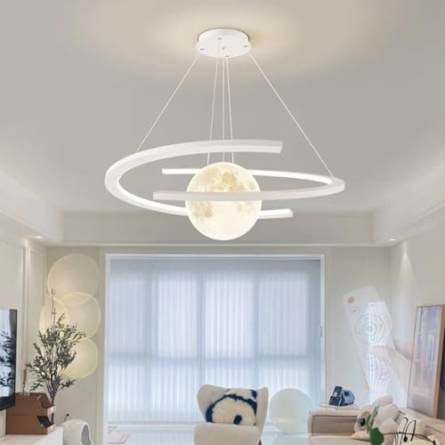 TZSMUM LED Kreativ Ring Pendelleuchte Moderne mit Fernbedienung Hängeleuchte 2700K-6500K Dimmbar Kronleuchter Planet Design Aluminium Eisen für Küche Esszimmer Wohnzimmer (60cm,Weiß)