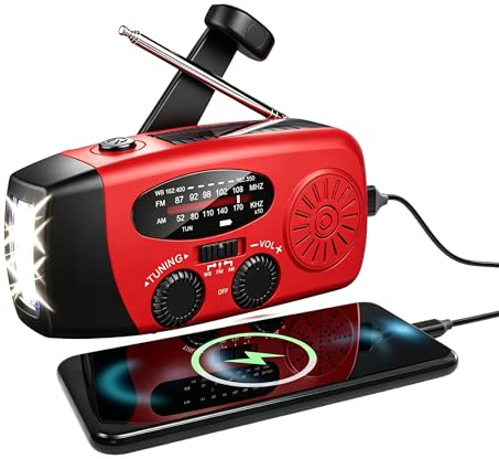 Ouitble Radio Solaire d’Urgence Manivelle avec Lampe de Poche LED, AM/FM/NOAA Radio Dynamo avec Batterie 1200mAh Powerbank USB Recharge pour Camping Randonnée Outdoor