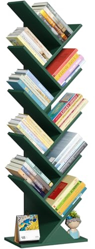 LELELINKY Bücherregal Baumform, Standregal 10 Ebenen für Bücher/CDs/Zeitschriften, DVD Bücherregal Holz, Bücher Regal für Wohnzimmer, Schlafzimmer und Heimbüro, Dunkelgrün