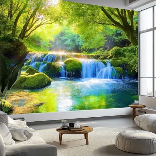 Large Forest Waterfall Moss Rock Mural Wallpaper 200 x 140 cm, Natural Landscape Photo Wallpaper, Wall Mural Sticker for Bedroom Living Room Hallway Sofa Backdrop Wall Decor