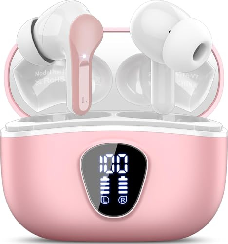 BESNOOW Ecouteurs Bluetooth sans Fil, Écouteurs 5.3 Oreillette Bluetooth Basses Immersives avec 4 ENC Mic, Casque sans Fil 40H avec Écran LED, Étanche IP7 Contrôle Tactile, Rose