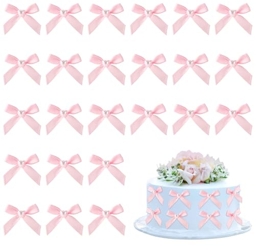 24pcs Décorations Cupcake Noeud Rose, Nœud Élégant Ruban Perle Décorations Gâteau pour Anniversaire Fiançailles Mariage Baby Shower Fête de Mariée