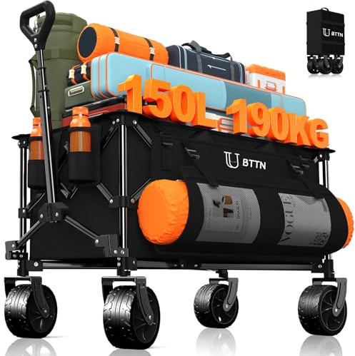 BTTN Bollerwagen faltbar 150L 190kg Tragkraft, All Terrain Rädern, Schwarz | Große 15×6cm Geländeräder, komfortabler Rückstellgriff, kleiner faltbarer Handwagen für Garten, Camping, Einkaufen & Picknick