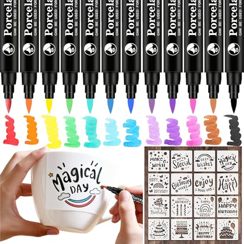 12 Farben Keramik Bemalen Set,Porzellanstifte Spülmaschinenfest & Acrylstifte für Steine Wasserfest mit Schablonen Happy Birthday,Ideal für Stein zum Bemalen, Tassen & DIY Dekorationen zu Geburtstag