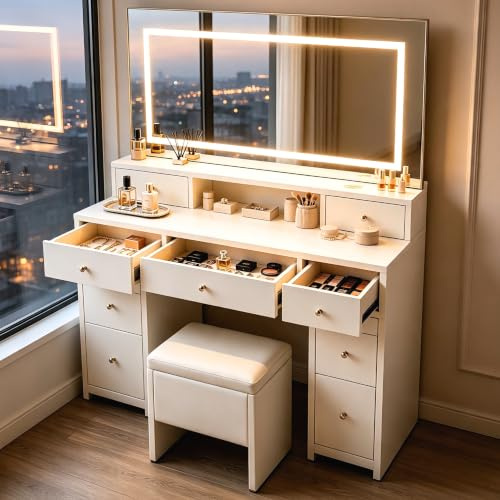 Julyue Stort sminkbord med justerbar 3 färger LED, 9 lådor, 4 öppna fack och pall, toalettbord med stort förvaringsutrymme och justerbar ljusstyrka för sovrum, vitt