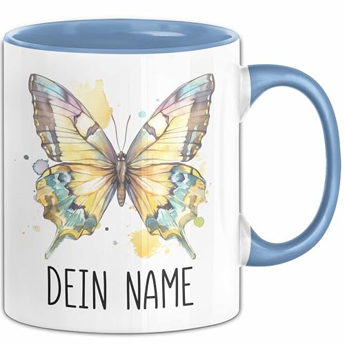 Schmetterling Tasse mit Namen – Personalisierte Tasse Geburtstag Geschenkidee süßes Schmetterlingmotiv Namenstasse (Blau)