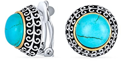 Bali Style Due Toni Blu Simulato Turchese Cupola Clip Su Orecchini Per Le Donne Non Forato Orecchio Argento Lega Placcato Oro