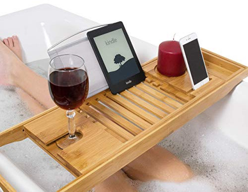 Relux Premium 100% Natural Bamboo Bath Caddy Bridge – Extendable Luxury Book Rest, Wine Glass Holder, Device (Tablet, Kindle, iPad, Smart Phone) Tray for a Home-Spa Experience – Fits Most Bath Sizes