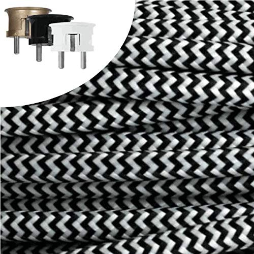 Textilkabel, Stoffkabel, Verlängerung 5 METER Farbe Schwarz/Weiß ZickZack3 adrig 3 x 0,75 mm² rund wahlweise mit Schukostecker Globe Warehouse® (5 mtr. Schukostecker Rund schwarz)