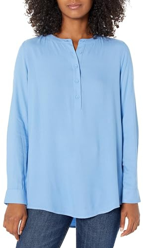 Amazon Essentials Women's Long-Sleeve Relaxed Fit Popover Blouse, Collared Business Casual Work Shirt, French Blue, Large