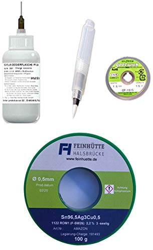 EO-FH SMD Profi-Set 001, 50 ml No-Clean Elektronik-Flussmittel 3,0% Feststoff, EO-Compact Flux-Pen (unbefüllt), Entlötlitze 1,5 mm x 1,5 m, 100 g Lötzinn 0,5 mm Durchmesser, Sn96,5Ag3Cu0,5