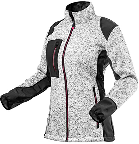 NEO TOOLS Damen Arbeitsjacke in Strick-Optik, 100% Polyester, Gr. S-XXL, warme Fleece-Qualität mit Einsätzen aus Softshell-Stoff, Reißverschluss, 3 Zipper-Taschen