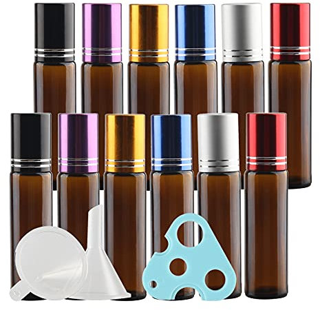 TIANZD 24 Stück Leere 10ml Braun Glas Roller Flaschen mit Gemischt Alu Schraubverschluss, Roll-On Glasflaschen mit Glasroller für Ätherische Öle Essential Oil mit Trichter Öffner