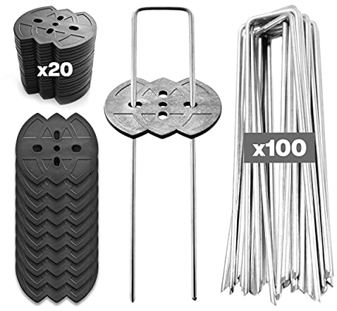 Winfaith 100 Piquetas por Malla Antihierbas mm H150 x L30 x D3 con 20 Arandelas de Plastico - Made in Italy Acero EN 10204 3.1 Galvanizado en Caliente - Antióxido Jardín Anclaje