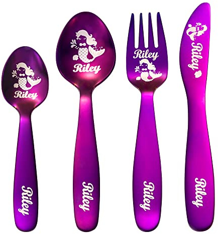 Lot de 4 couverts personnalisés en acier inoxydable pour enfants avec motifs et noms personnalisés Ustensiles sûrs pour enfants et toutpetits Idéal pour la cuisine et la maison Cuillère +