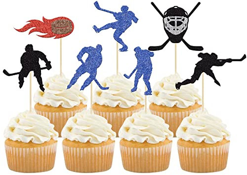 Gyufise Hockey-Cupcake-Topper, Glitzer, Hockeyspieler, Cupcake-Picks, Eishockey-Sportthema, Babyparty, Jungen, Mädchen, Geburtstagsparty, Kuchendekorationen, Zubehör, 28 Stück