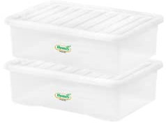 Homey Mart 2 x 32L Plastic Storage Boxes Crystal Clear Box & Lid Large Home Office Stackable Nestable Under bed Boxes