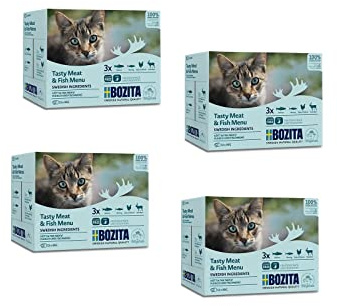 Bozita Multibox Tasty - Meat and Fish | 4er Pack | 4 x 12 x 85 g | Alleinfuttermittel für ausgewachsene Katzen | Getreidefreies Nassfutter im praktischen Pouch Portionsbeutel