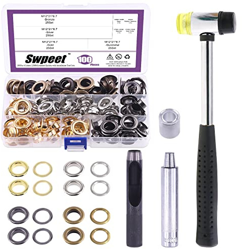 Swpeet 80 Stück – 40 Sets 12 mm Lochösen, dicke 4 Farben, Metallösen, Ösen und 3 Stück Einstellwerkzeug, weicher Gummihammer für die Reparatur von Leinwand, Leder