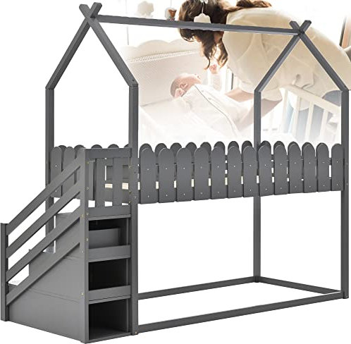Kojenbetten für Kinder, Bett mit Treppe, Rahmen Aus Massivem Kiefernholz, Kinderbett mit 3 Schubladen In Den Stufen, Ideal für Jedes Zimmer, Tolles Geschenk für Kinder, Jungen, MäDchen, Grau,Grey