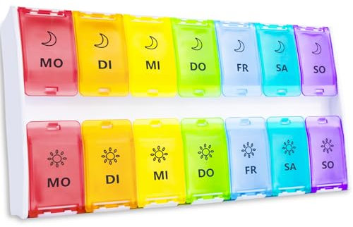 Tablettenbox 7 Tage Morgens Abends, Pillendose 7 Tage 2 Fächer, Pillenbox 14 Tage Medikamentenbox Große Fächer Für Fischöle, Vitamine, Kapseln(Farbe)