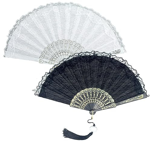 Vintage Spitzenfächer 2 Stück Fächer Spitze Fächerrippe Spitze Faltfächer | Handfächer Spitze mit Anhänger für Schauspiel Tanz Fecher Damen für Abschlussball Party Hochzeit (Schwarz, Weiß)