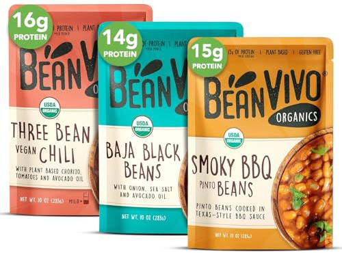 BeanVIVO - Variety 3 Pack (10 oz each) - Organic Baja Black Beans, Three Bean Vegan Chili, BBQ Pinto Beans - Seasoned & Ready to Eat, Plant Protein, Vegan, Gluten Free, Microwaveable, Instant Meals