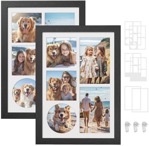 SONGMICS Picture Frames with 6 Mats, Set of 2 Multi Photo Frames, Collage Frame, 4x6 or 4x4 photos, Non-Trace Nails, 36.5 x 26 cm, Ash Black RPF024B02