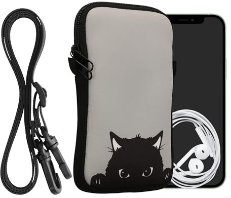 kwmobile Handytasche für Smartphones L - 6,5 - Neopren Handy Hülle Grau Schwarz - Handy Tasche mit Kette 16,5 x 8,9 cm Innenmaße - Neugierige Katze