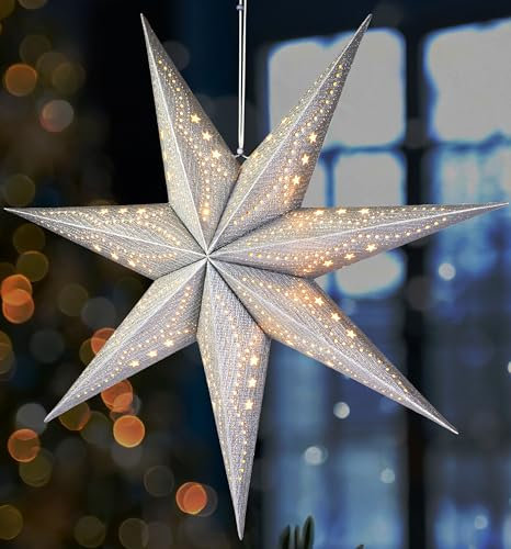 BRUBAKER 3D Weihnachtsstern zum Aufhängen - Fenster Papierstern mit E14 Fassung - 60 cm Deko Muster Adventsstern - Weihnachten Leuchtstern Set mit 3,5 m Kabel - Hängend - Silber