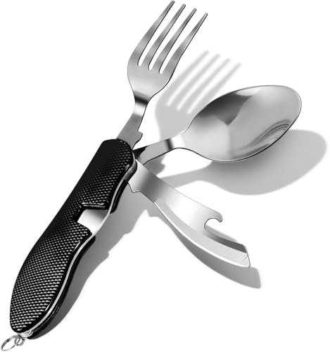 4 en 1 Ustensiles de Camping Pliables en Acier Inoxydable - Amovibles, Multi-Usage pour Voyage, Randonnée, Pique-Niques (Noir)