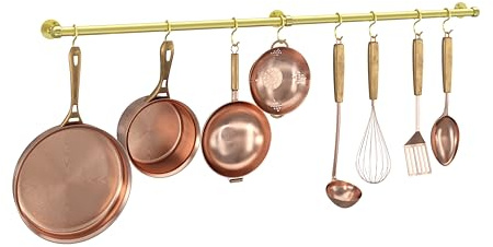 ROTHLEY Stainless Steel Pot and Pan Hanger - 39.4 Inch Wall Mounted Hanging Pots and Pans Rack for Kitchen Wall Rail with Hooks (Brass)