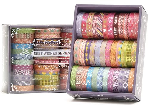 Songdao 36 rullar tunn folie guld washi tejp set maskeringstejp färgglada för barn, scrapbooking tillbehör, bullet journals, pysselplanerare, hantverk och gör-det-själv (kawaii)