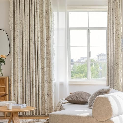 Bishilin Verdunklungsvorhänge Beige 96x160CM, Vorhänge Blickdicht Ösen 2 Set Bedruckt Blumen Motiv mit Rüschen Gardinen Verdunkelnd Wohnzimmer Jugendzimmer Schlafzimmer