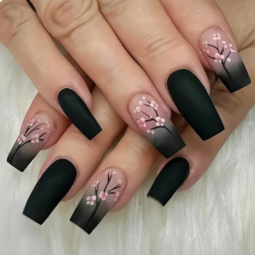 GlamRays 24 Stück Schwarze Press on Nails Mittellange Quadratische Falsche Nägel Pink Blumen Akryl-Klebe-Nagel Voll-Abdeckung Glänzend Press-On-Nägel Mittellange Länge