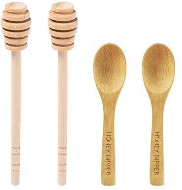 DESIOLE - Set di 4 bastoncini in legno a forma di Honey dipper da 16,3 cm, mini cucchiaio per mescolare il miele, per barattoli di miele, erogare gocce di miele e feste di nozze
