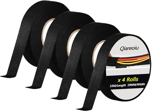 Qiareoiu 4 Pack Wiring Harness Tape, cloth tape, Insulation Tape, 19 mm x 15 m wiring loom tape, Fabric Tape, Electric Tape for Car Motorcycle Cable Binding - Black