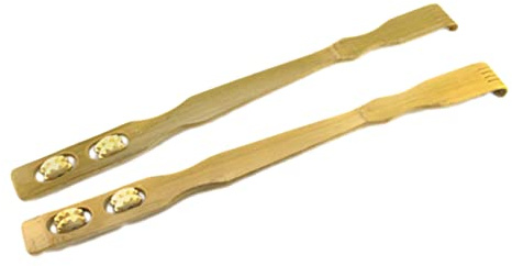 Rückenkratzer aus Bambusholz mit 2 Massagerollen, Langer Griff | Beige, ein Ende Handförmig, Andere Seite mit Großen Rollen, für Schulter und Rücken