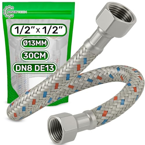 Tubo Corazzato 30cm Femmina-Femmina 1/2”x1/2” DN8 DE13 Temperatura max 70°C | Tubo Flessibile Realizzato in Acciaio Inox Pressione di Esercizio 10 bar - Garanzia di 5 Anni - ONIX TECH