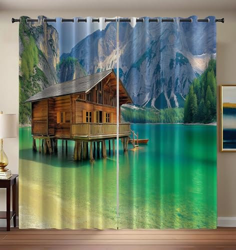 CEDNXOER Vorhang Blickdicht Natur Berge, Kinderzimmer Deko Verdunkelung Gardine Holzhaus, 2er Set H 245 x B 140 cm Thermovorhang Fenster Vorhänge mit Ösen für Wohnzimmer