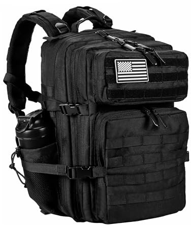 LHI Sac à Dos Militaire Tactique 45L – Sac de Survie Complet 72h, Randonnée, Moto, Pêche, Tir, Crossfit, Sport, Sac à Dos Homme Grande Capacité Outdoor - Noir