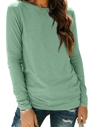 Cuptacc Ladies Tops Crew Neck Womens Long Sleeve Top Basics Long Length T Shirts for Women Slim Fit Shirt LightGreen L 16-18