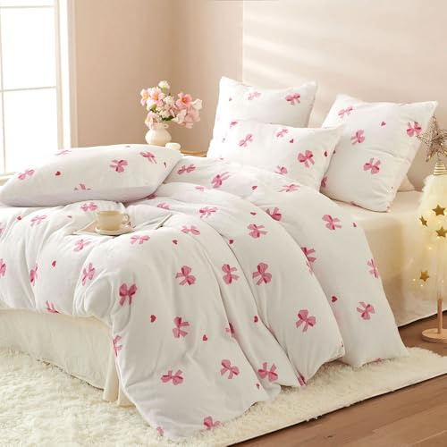 Covebett Winter Flannel Bed Linen Heart 220 x 240 cm White with Pink Bows Hearts Girls Fluffy Plush Duvet Cover Set 3-Piece Warm Fleece Bedding Sets with Zip and Pillowcases 80 x 80 cm