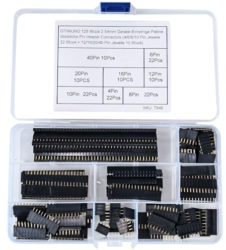 GTIWUNG 128 Stück 2.54mm Gerade Einreihige Platine Weibliche Stapelbare Buchsenleiste Sockel Steckerleiste Pin Header Connectors(4/6/8/10Pin Jeweils 22Stück + 12/16/20/40 Pin Jeweils 10Stück)